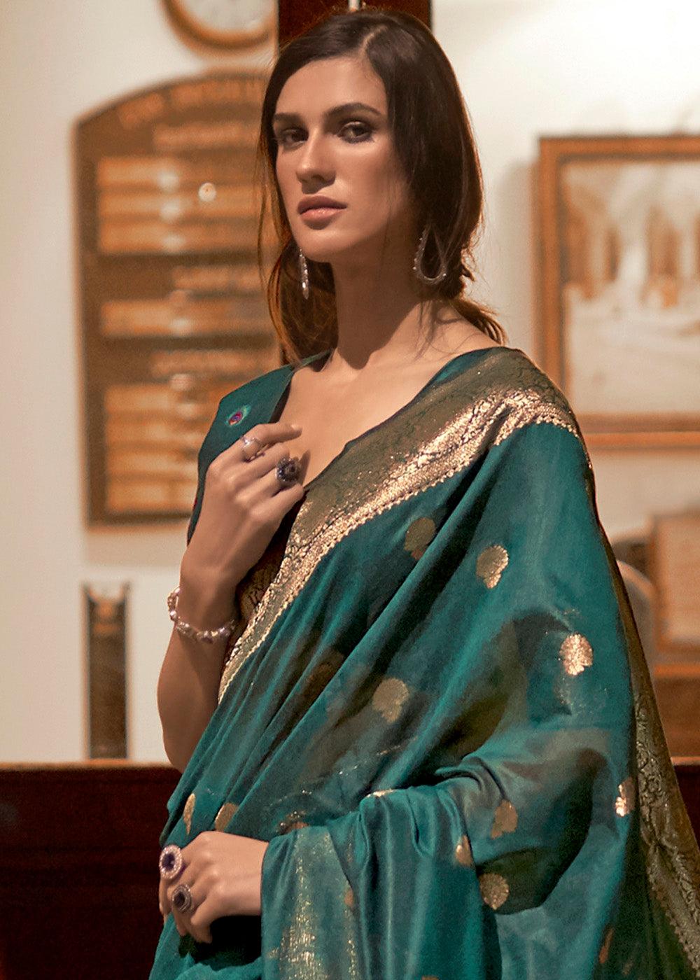 Arabian Green Woven Chanderi Banarasi Fusion Silk Saree | Stitched Blouse - qivii