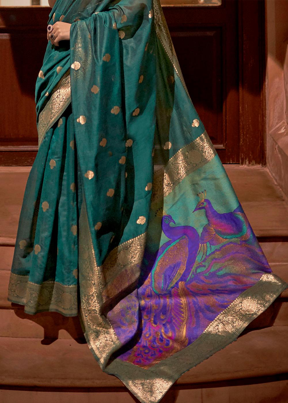 Arabian Green Woven Chanderi Banarasi Fusion Silk Saree | Stitched Blouse - qivii