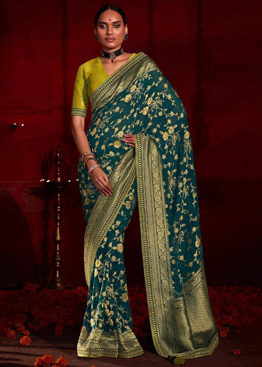 Arabian Green Zari Woven Khadi Silk Saree with Contrast Blouse | Stitched Blouse - qivii