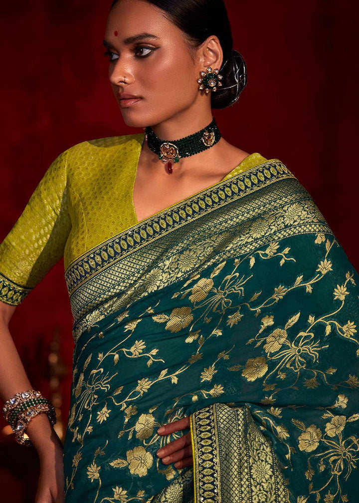 Arabian Green Zari Woven Khadi Silk Saree with Contrast Blouse | Stitched Blouse - qivii