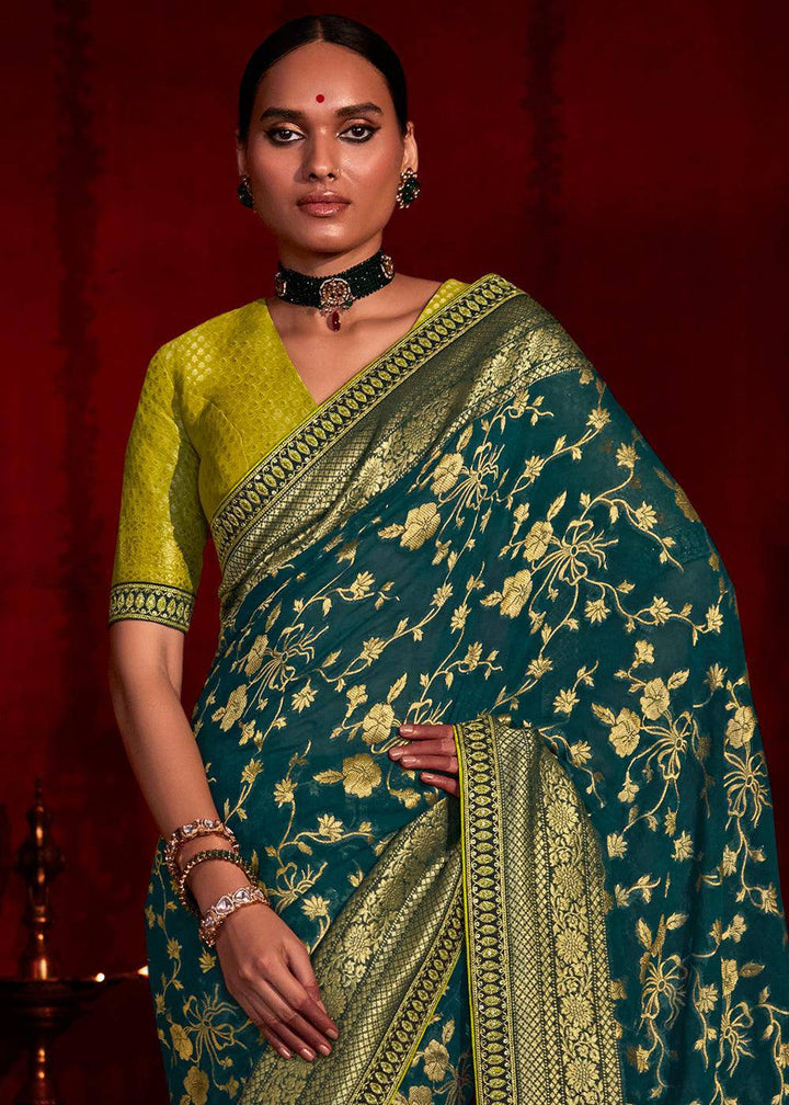 Arabian Green Zari Woven Khadi Silk Saree with Contrast Blouse | Stitched Blouse - qivii