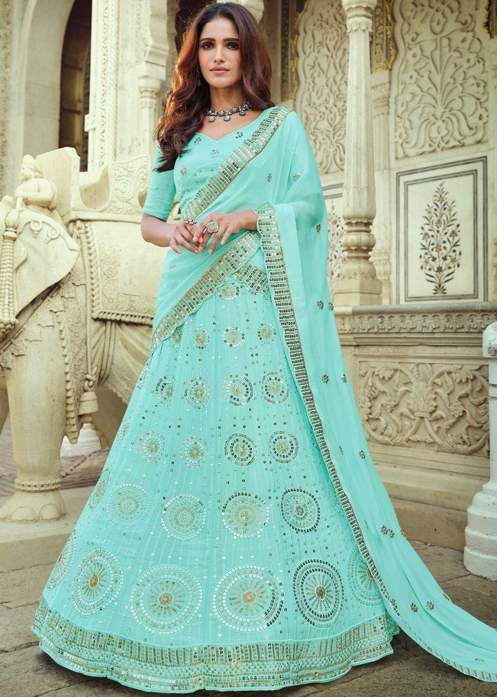 Arctic Blue Georgette Lehenga Choli with Sequins & Thread work - qivii