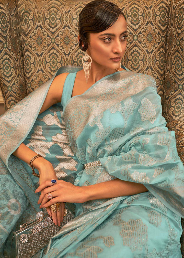 Arctic Blue Handloom Woven Silk Saree with Sequins work | Stitched Blouse - qivii