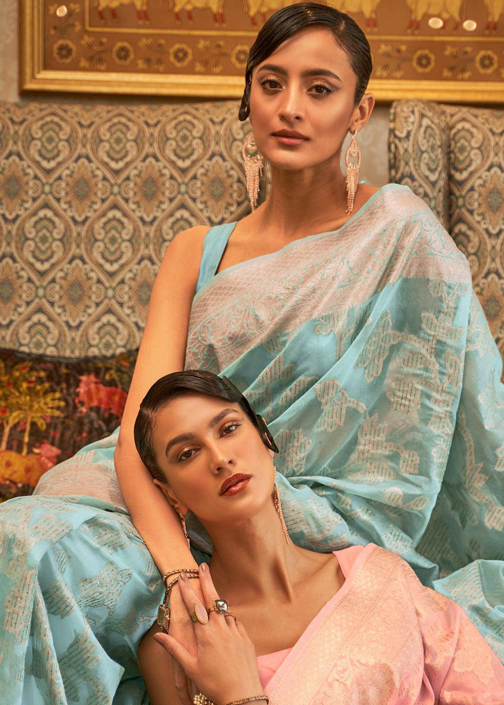 Arctic Blue Handloom Woven Silk Saree with Sequins work | Stitched Blouse - qivii