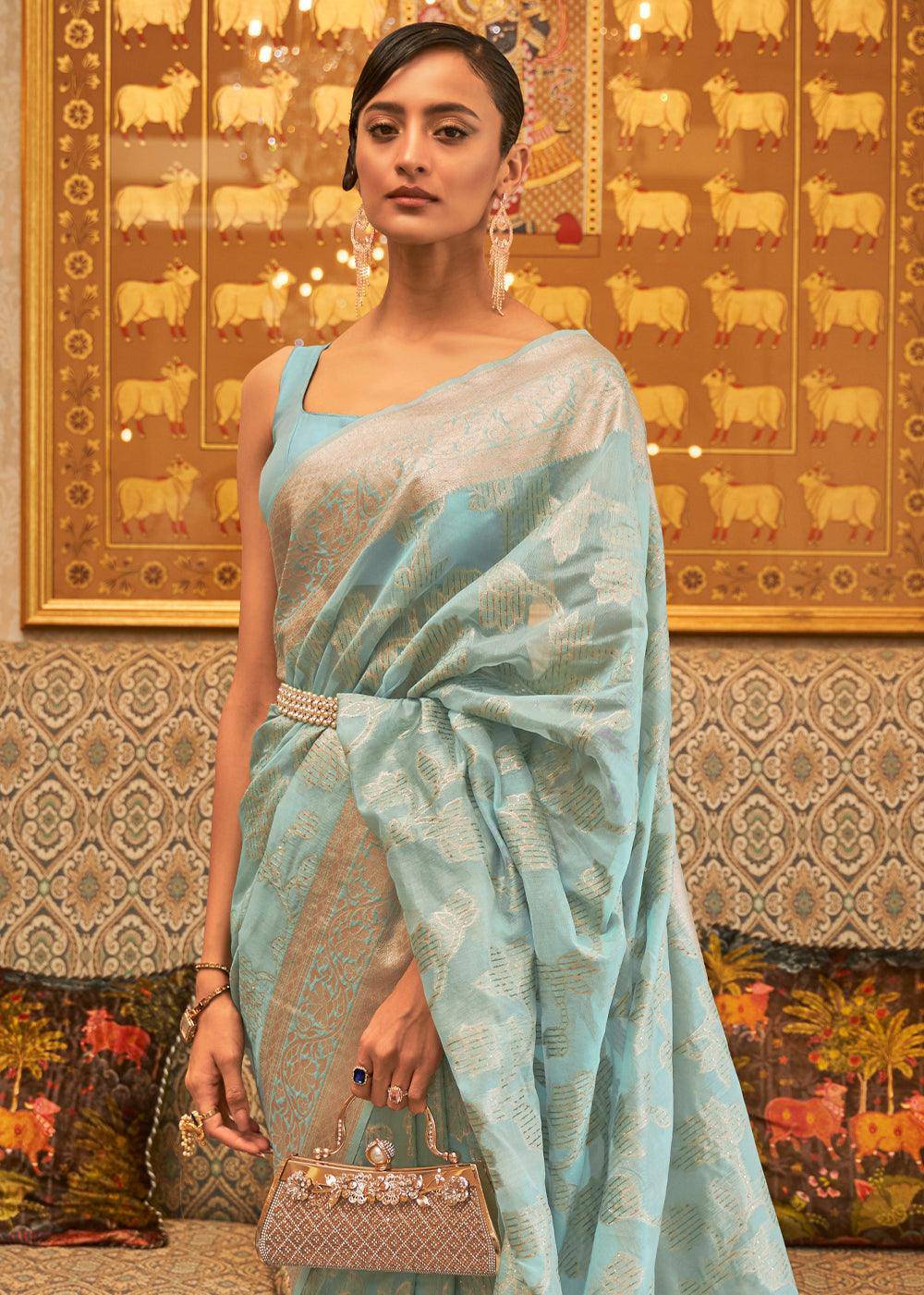 Arctic Blue Handloom Woven Silk Saree with Sequins work | Stitched Blouse - qivii