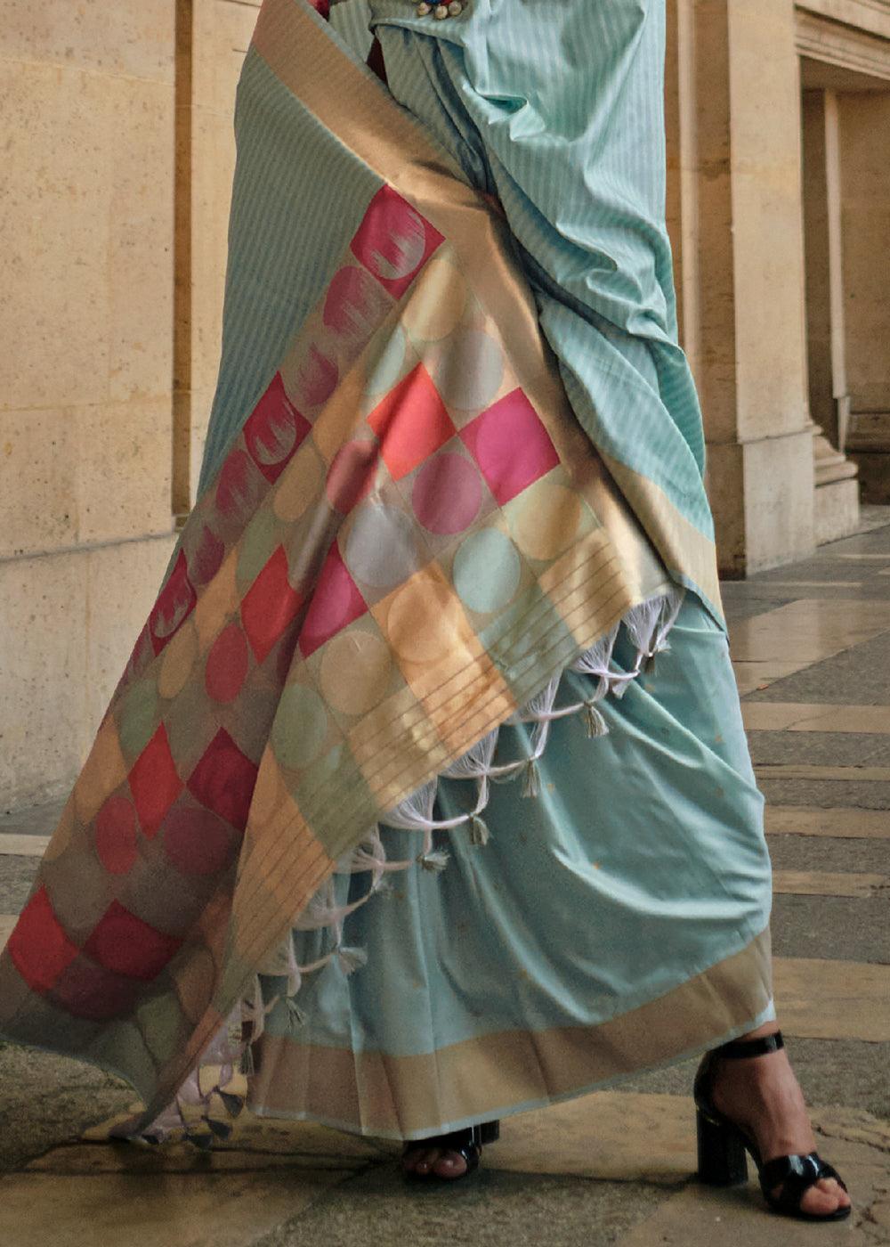 Arctic Blue Zari Handloom Woven Soft Silk Saree - qivii