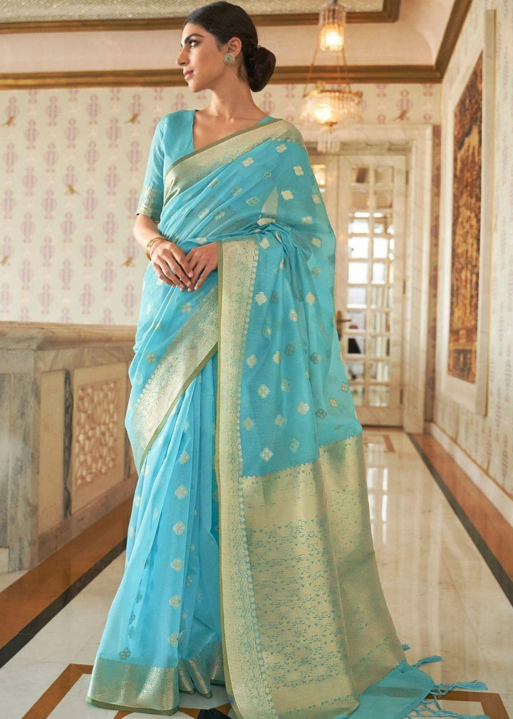 Arctic Blue Zari Woven Linen Silk Saree - qivii