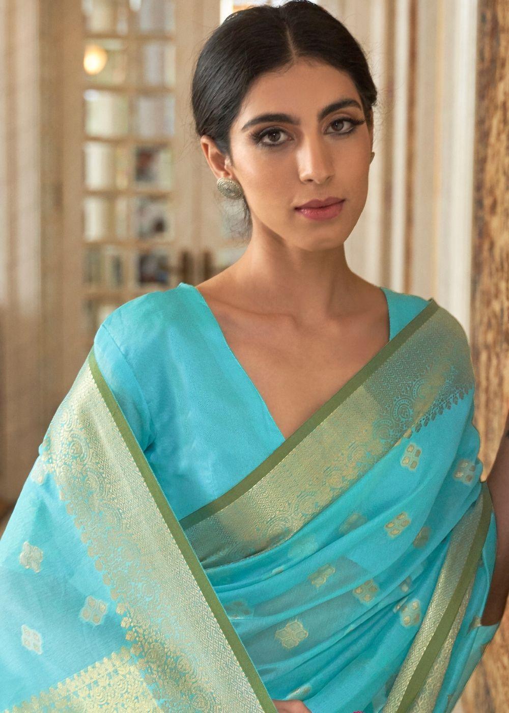 Arctic Blue Zari Woven Linen Silk Saree - qivii