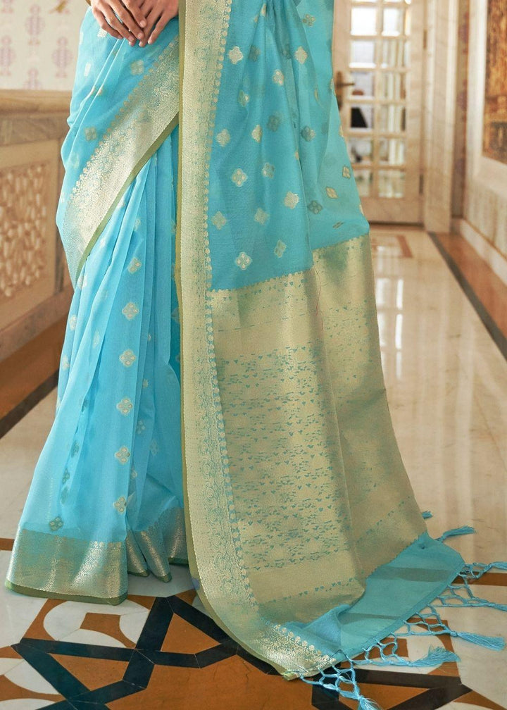 Arctic Blue Zari Woven Linen Silk Saree - qivii