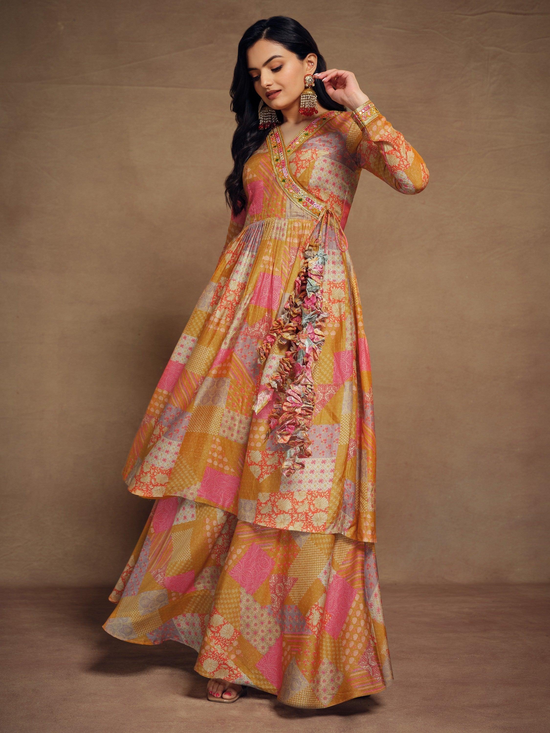 Adorable Mustard Yellow Digital Printed Muslin Silk Palazzo Suit for women's ethnic fashion wear