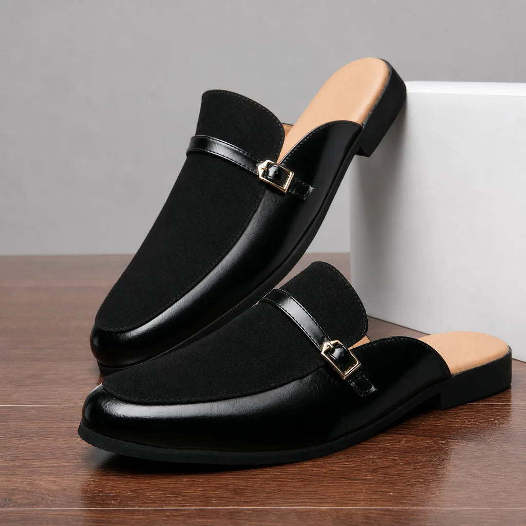 Black men's closed-toe mules by Hudson Ridge, stylish loafers for men, shown on a clean, modern footwear display.