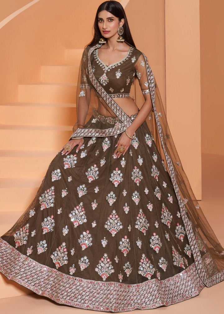 Army Green Net Lehenga Choli with Cording,Thread Embroidery, Zarkan & Badla work - qivii