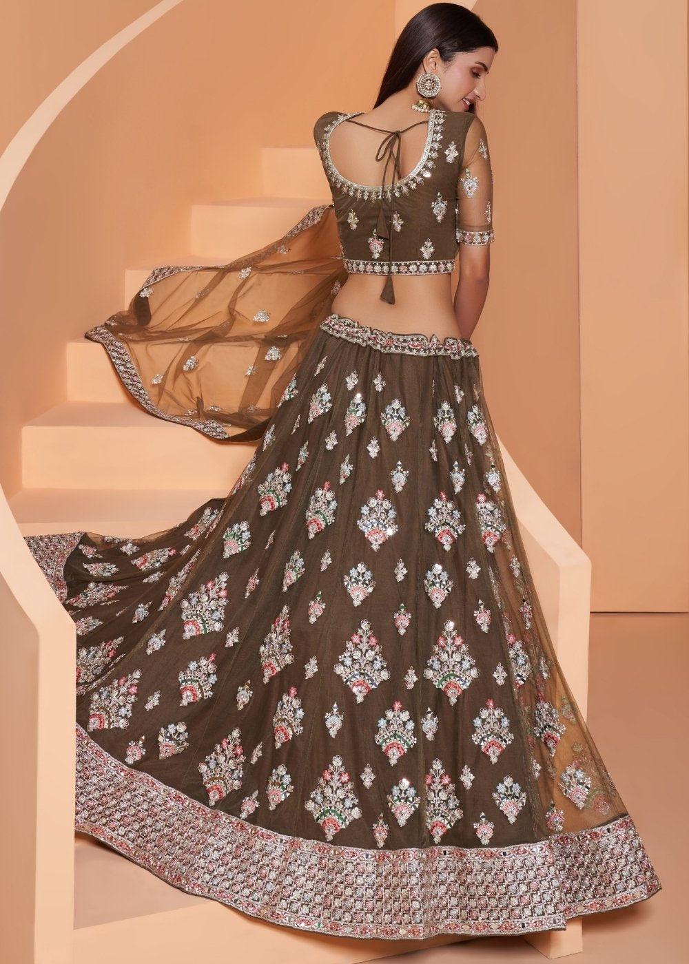 Army Green Net Lehenga Choli with Cording,Thread Embroidery, Zarkan & Badla work - qivii