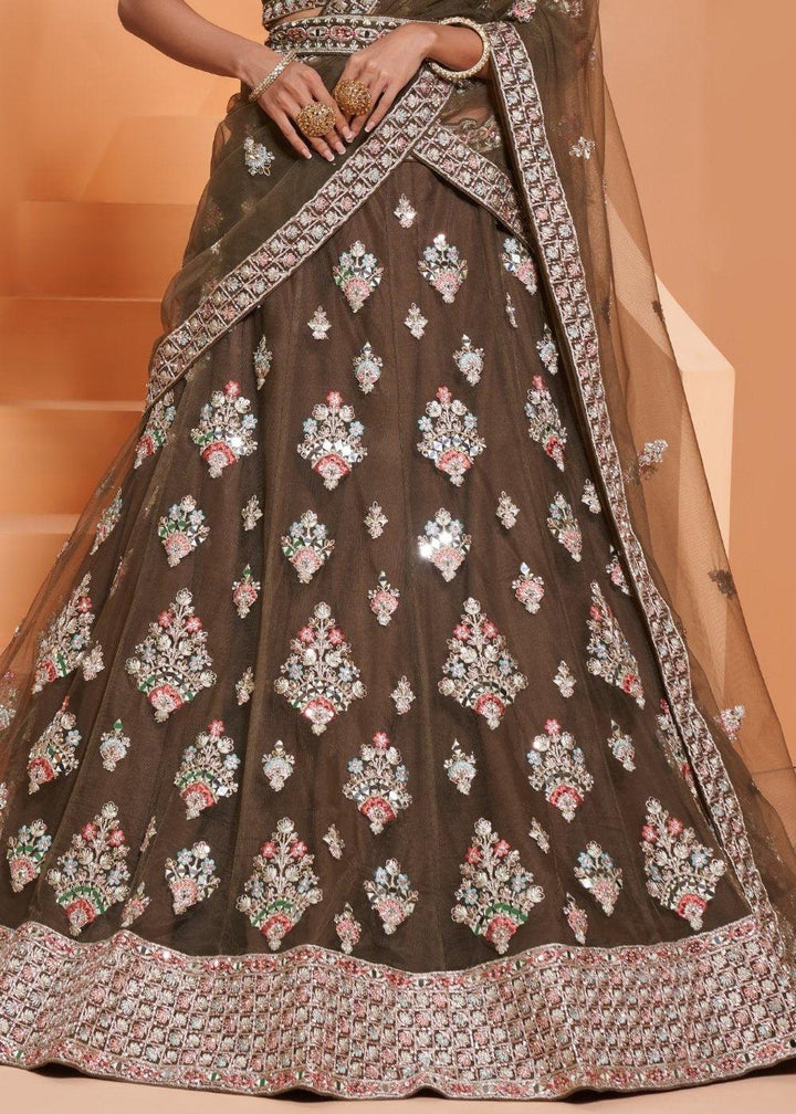 Army Green Net Lehenga Choli with Cording,Thread Embroidery, Zarkan & Badla work - qivii