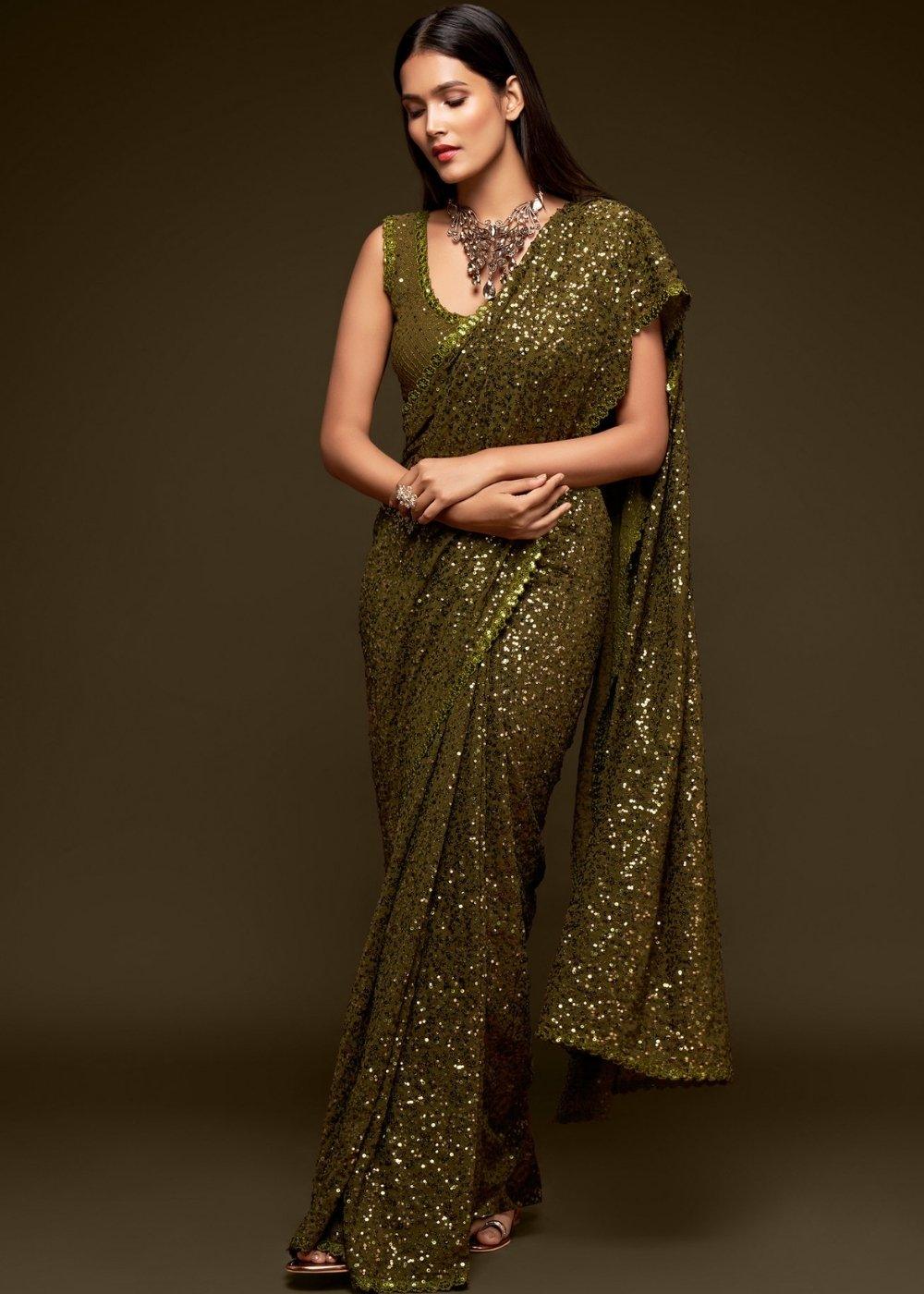 Army Green Sequins & Thread Embroidered Designer Georgette Saree | Stitched Blouse - qivii