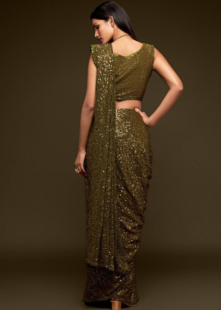 Army Green Sequins & Thread Embroidered Designer Georgette Saree | Stitched Blouse - qivii