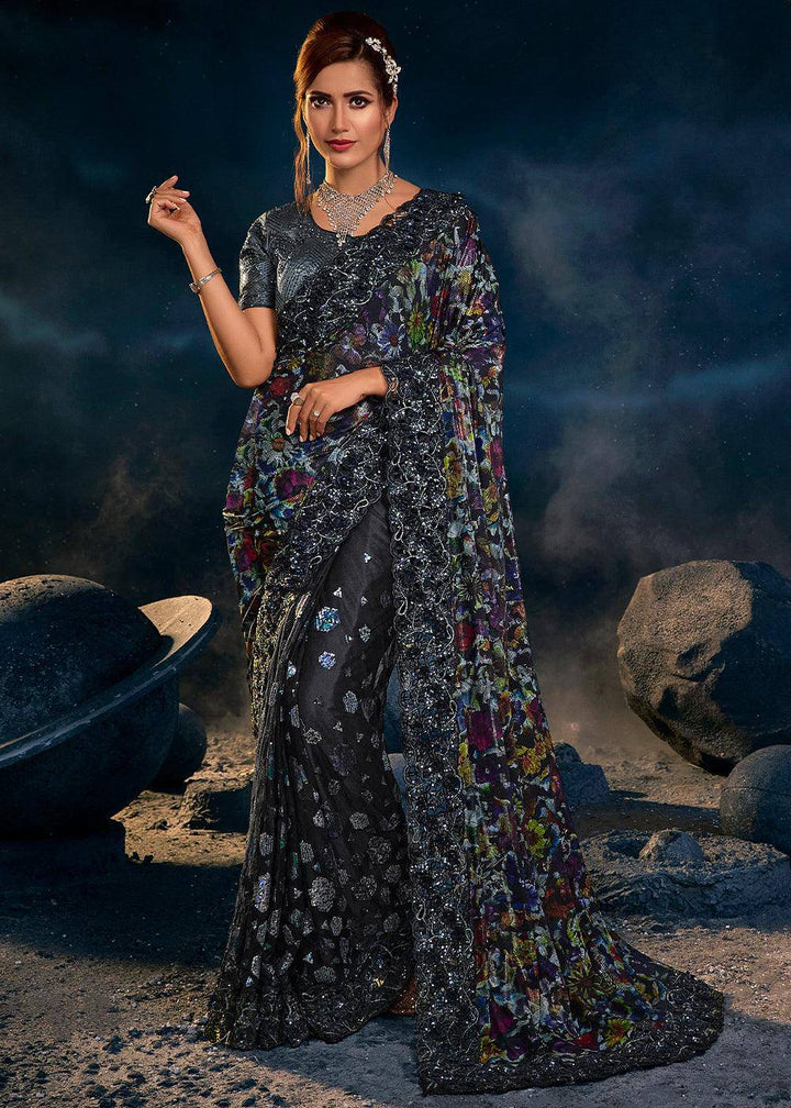 Ash Black Digital Net Saree with Thread,Sequence, Zari, Moti & All Over Flower Applique work & Imported Fabric Sequence Pallu | Stitched Blouse - qivii