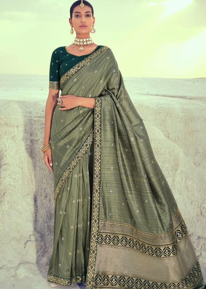 Asparagus Green Woven Banarasi Silk Saree with Embroidered Border & Swarovski work | Stitched Blouse - qivii