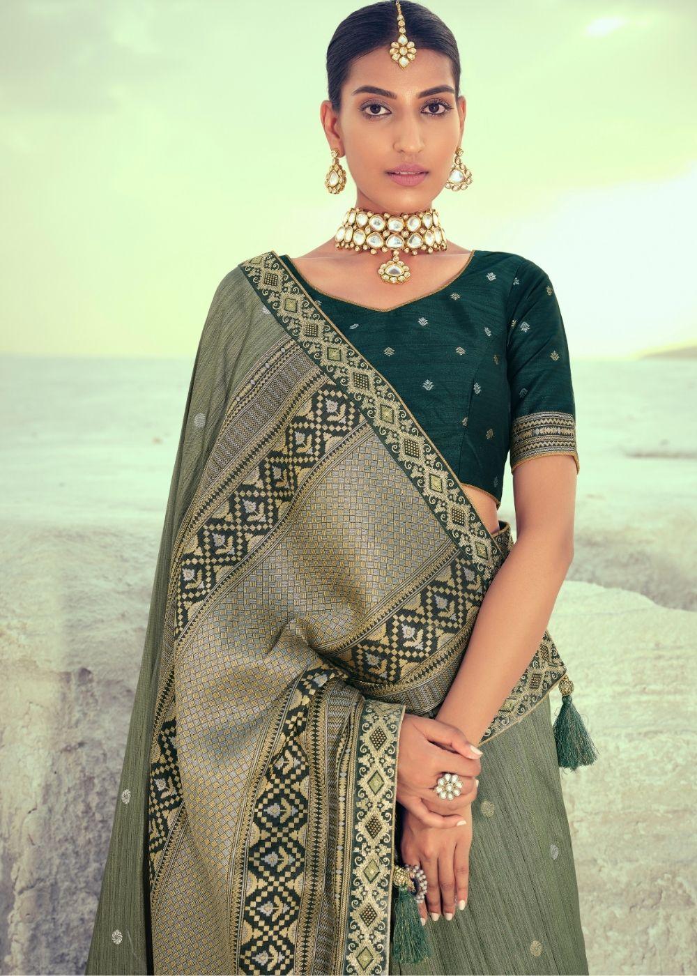 Asparagus Green Woven Banarasi Silk Saree with Embroidered Border & Swarovski work | Stitched Blouse - qivii