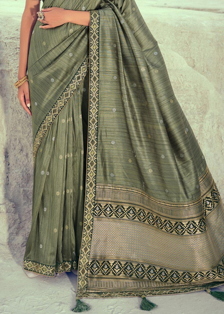 Asparagus Green Woven Banarasi Silk Saree with Embroidered Border & Swarovski work | Stitched Blouse - qivii