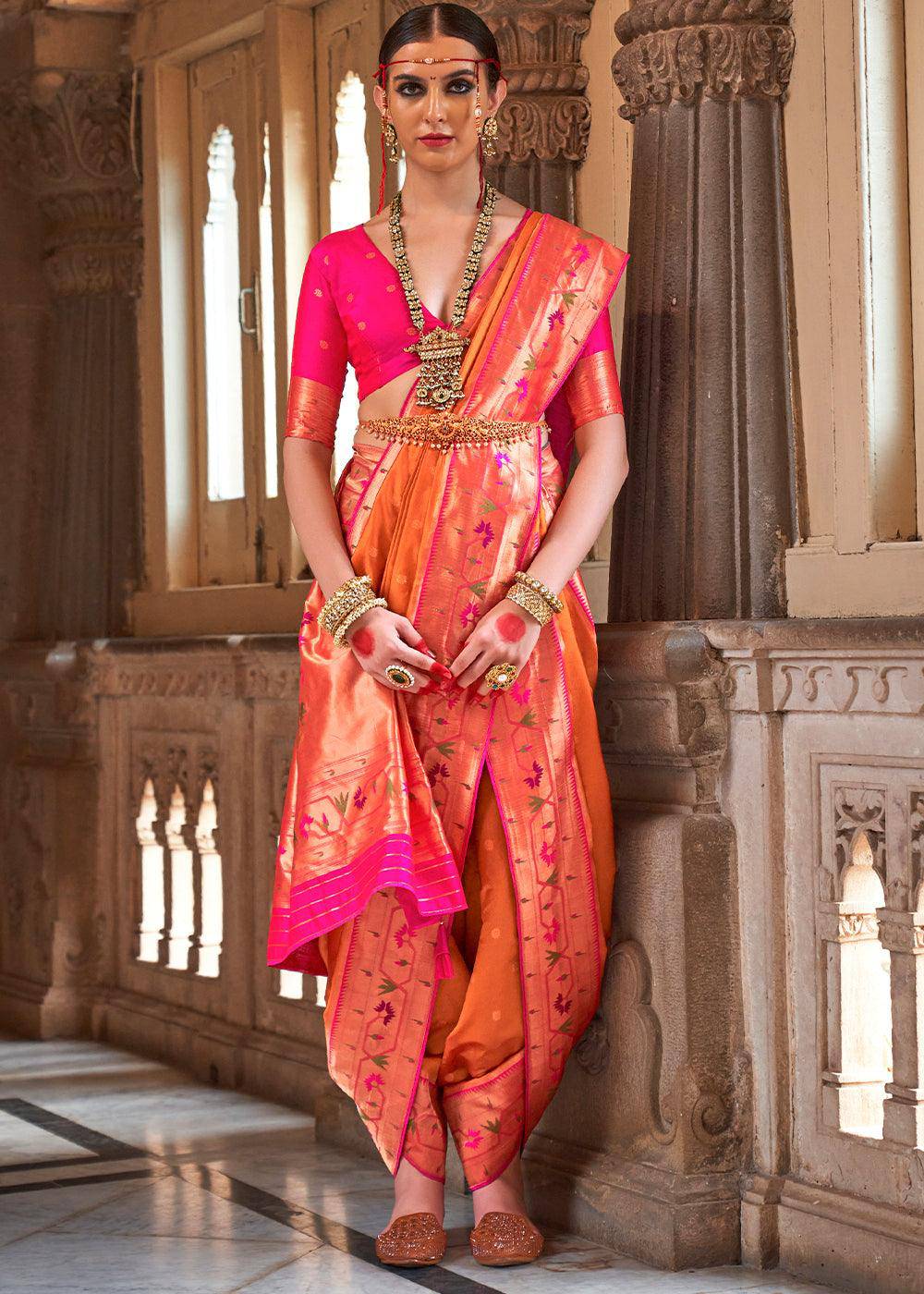 Atomic Orange Paithani Silk Saree | Stitched Blouse - qivii