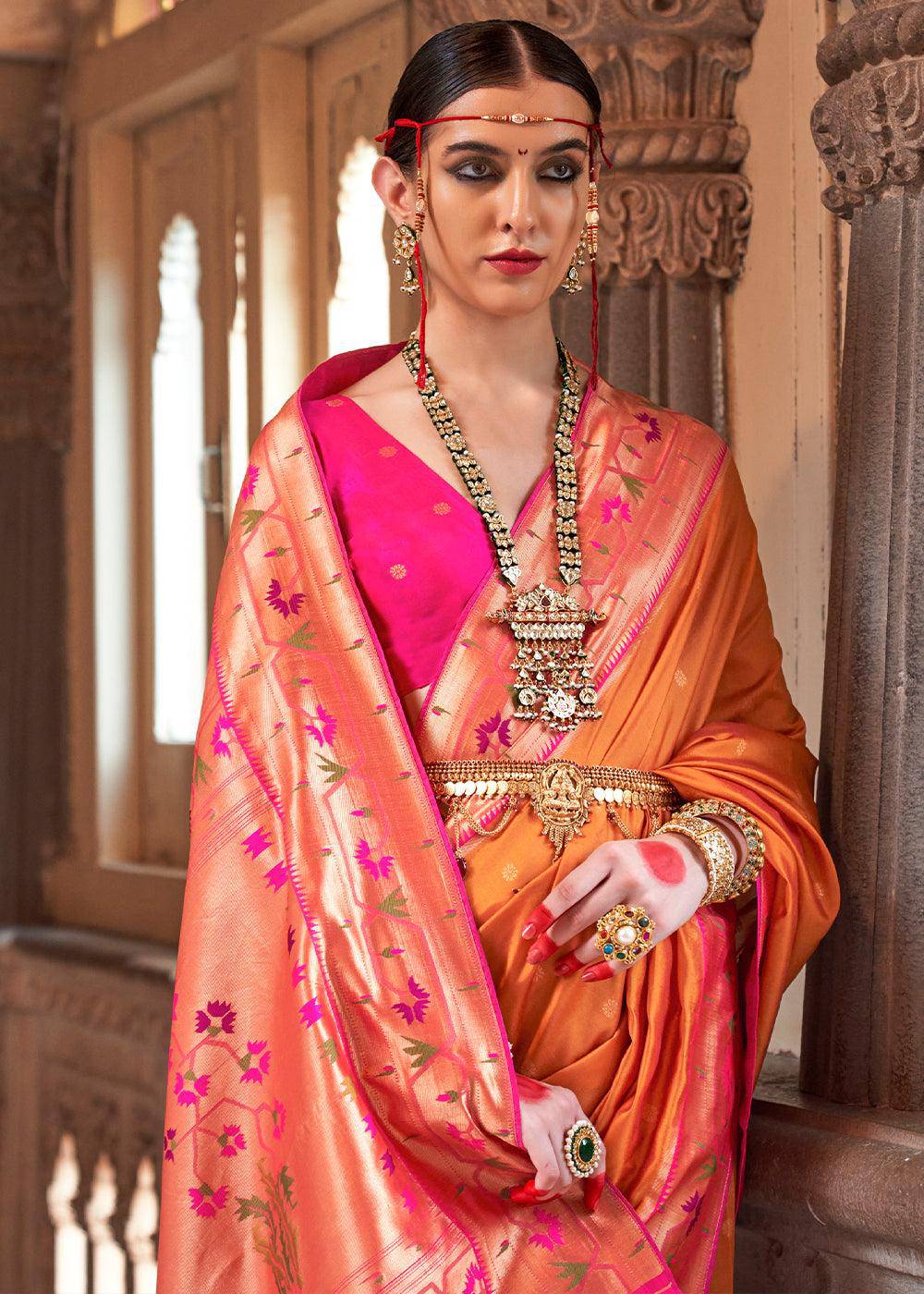 Atomic Orange Paithani Silk Saree | Stitched Blouse - qivii