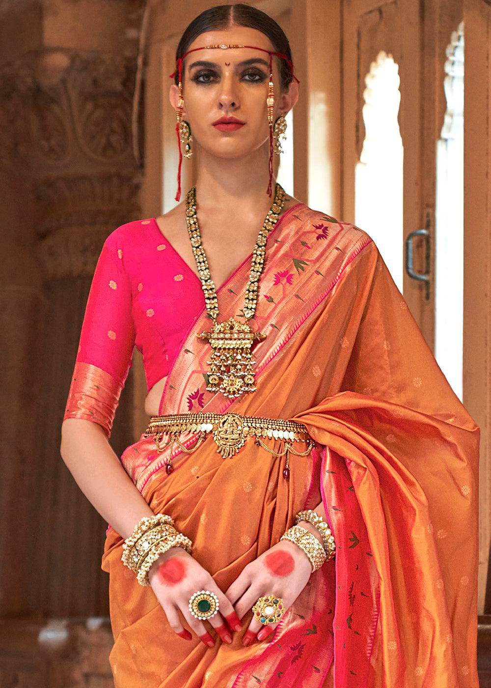 Atomic Orange Paithani Silk Saree | Stitched Blouse - qivii