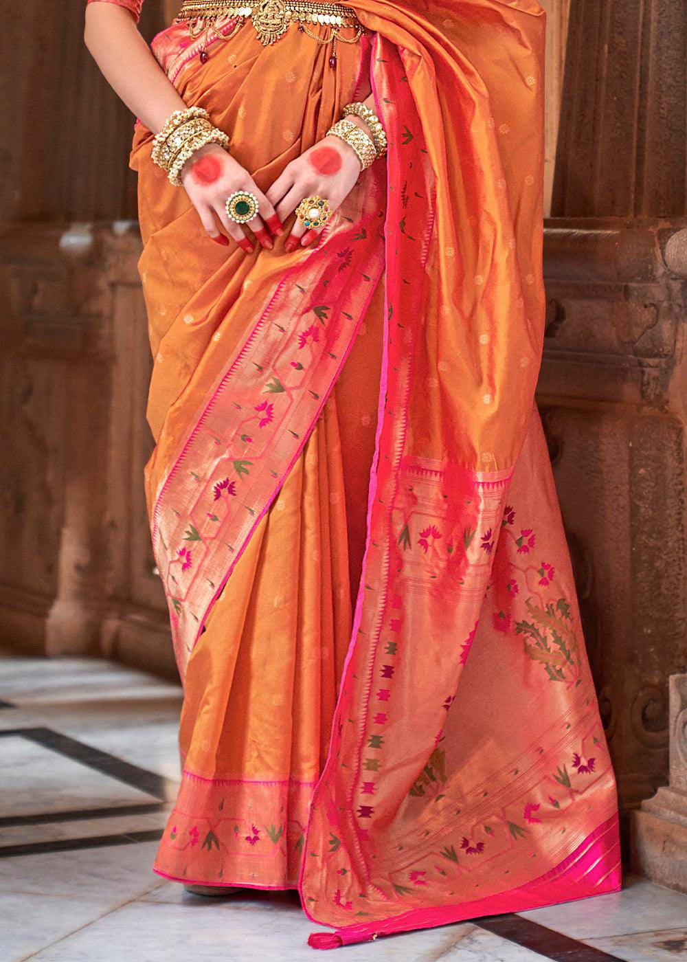 Atomic Orange Paithani Silk Saree | Stitched Blouse - qivii