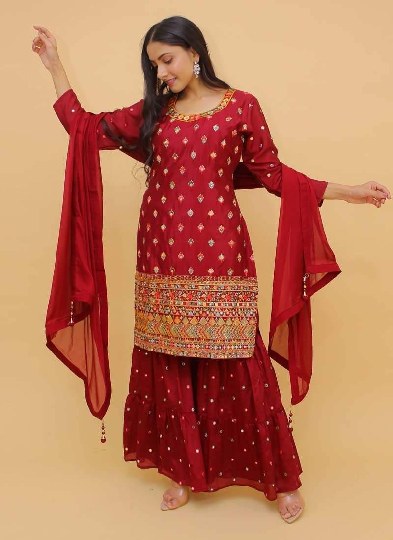 Attractive Look Georgette Fabric Red Color Resham Work Sharara Salwar Suit - qivii