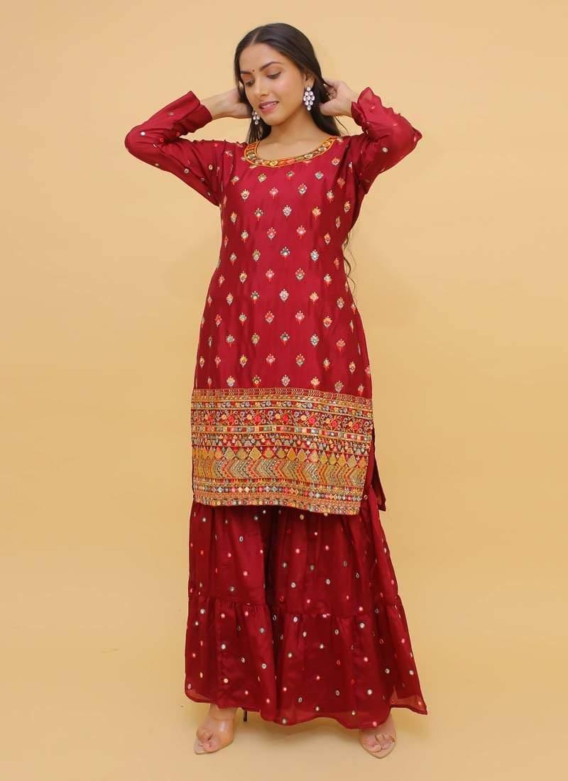 Attractive Look Georgette Fabric Red Color Resham Work Sharara Salwar Suit - qivii