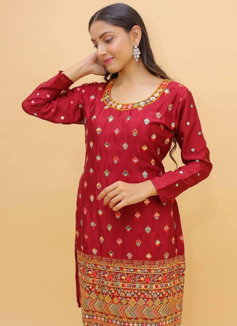 Attractive Look Georgette Fabric Red Color Resham Work Sharara Salwar Suit - qivii