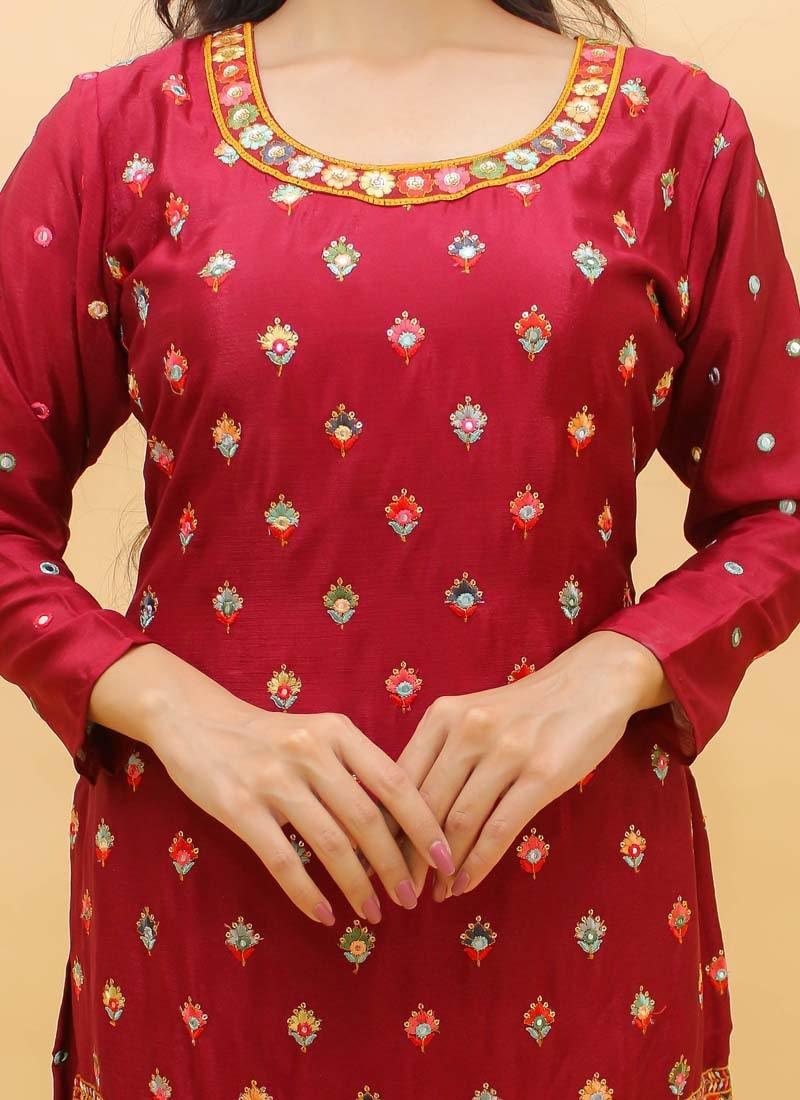 Attractive Look Georgette Fabric Red Color Resham Work Sharara Salwar Suit - qivii