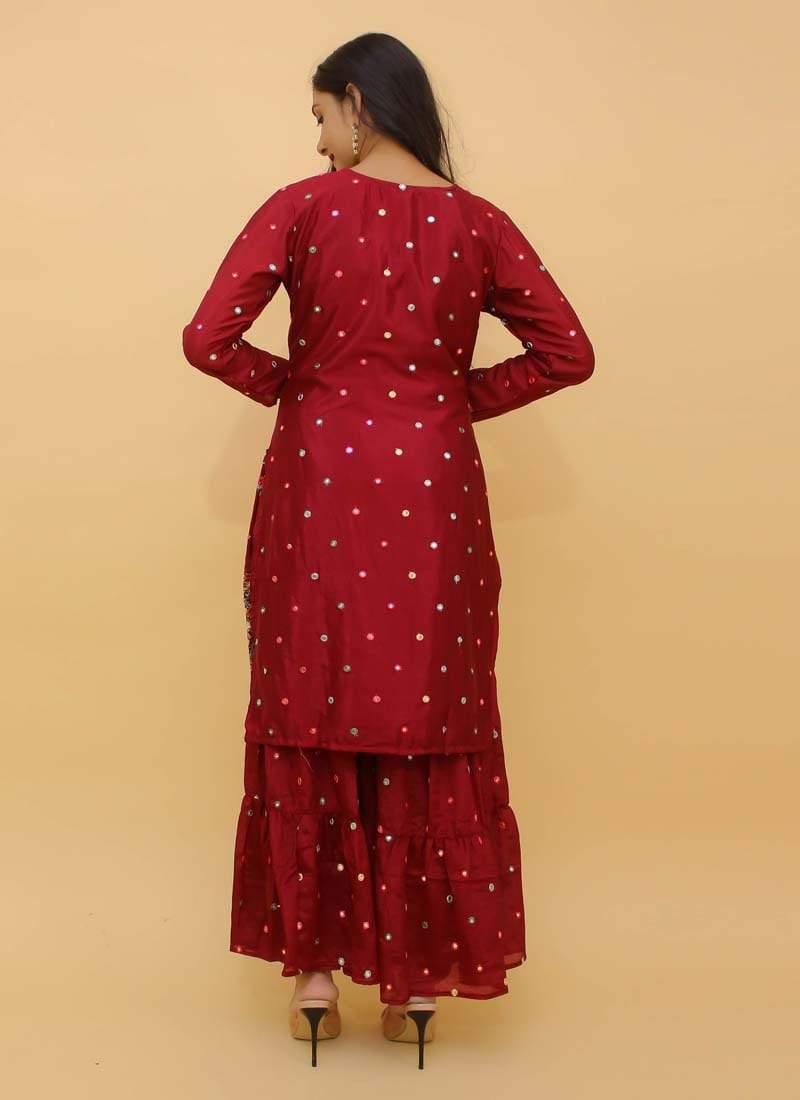 Attractive Look Georgette Fabric Red Color Resham Work Sharara Salwar Suit - qivii
