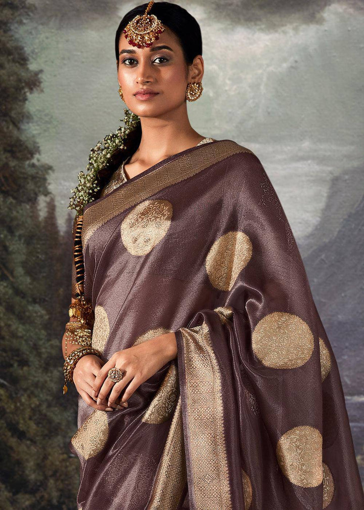 Aubergine Purple Zari Woven Organza Silk Saree with Swarovski Work | Stitched Blouse - qivii