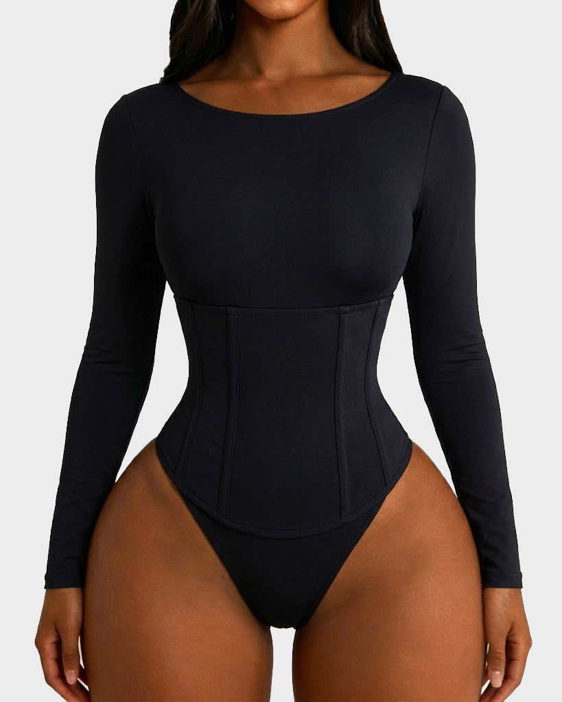 Long Sleeve Scoop Neck Bodysuit with Detachable Corset Two Piece Set (Pre-sale)  - By Qivii