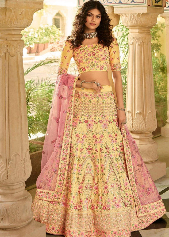 Aureolin Yellow Art Silk Lehenga Choli with Zari, Sequins, Swarvoski & Zarkan work - qivii