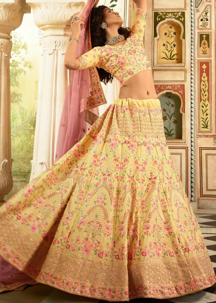 Aureolin Yellow Art Silk Lehenga Choli with Zari, Sequins, Swarvoski & Zarkan work - qivii