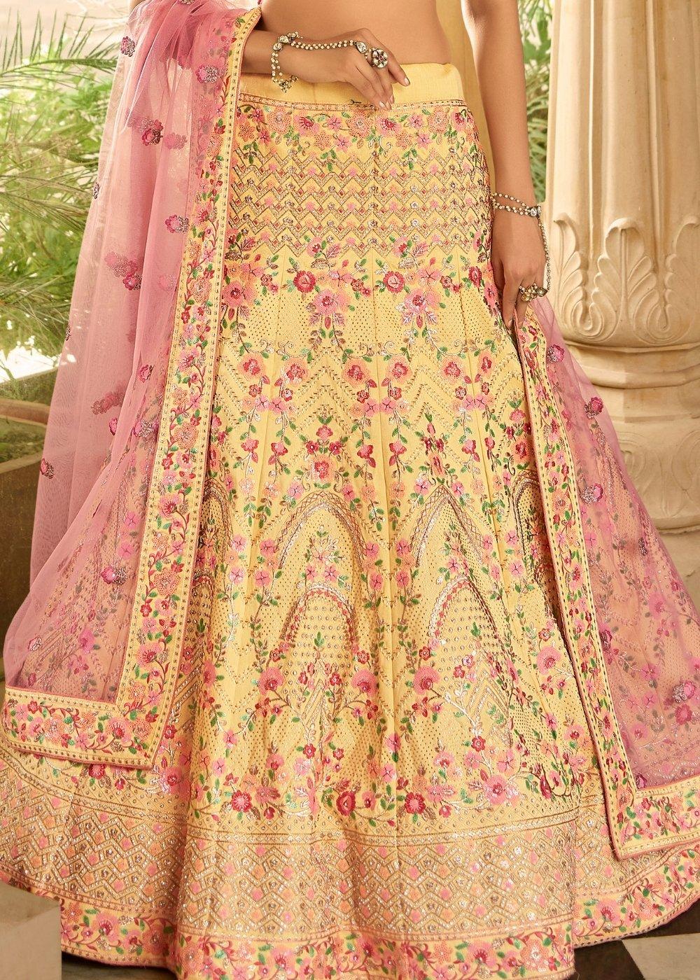 Aureolin Yellow Art Silk Lehenga Choli with Zari, Sequins, Swarvoski & Zarkan work - qivii