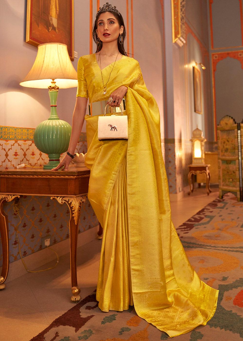 Aureolin Yellow Designer Satin Silk Saree | Stitched Blouse - qivii