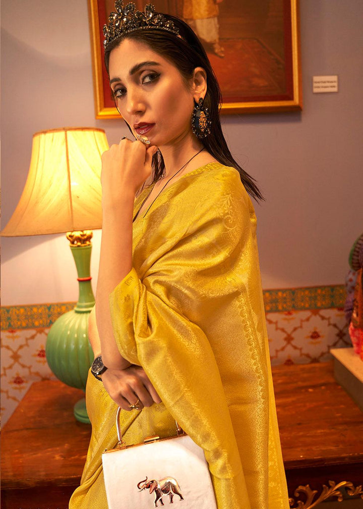 Aureolin Yellow Designer Satin Silk Saree | Stitched Blouse - qivii