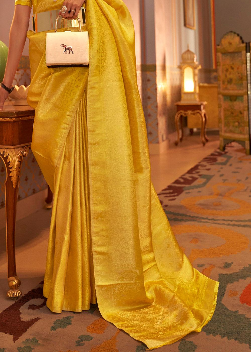 Aureolin Yellow Designer Satin Silk Saree | Stitched Blouse - qivii