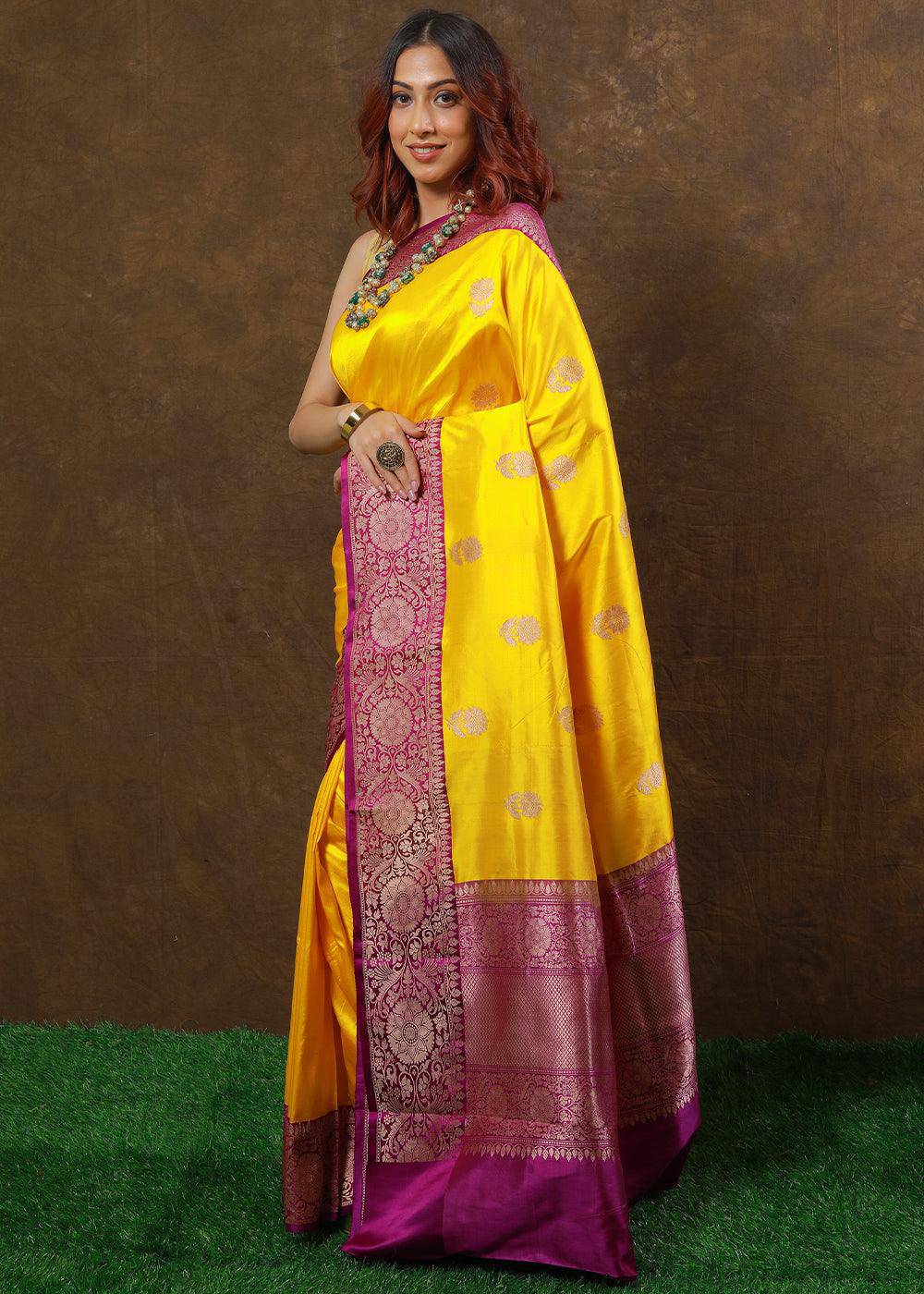 Aureolin Yellow Hand Woven Pure Katan Silk Saree | Stitched Blouse - qivii