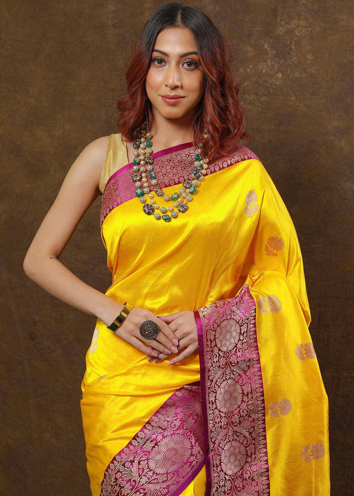 Aureolin Yellow Hand Woven Pure Katan Silk Saree | Stitched Blouse - qivii