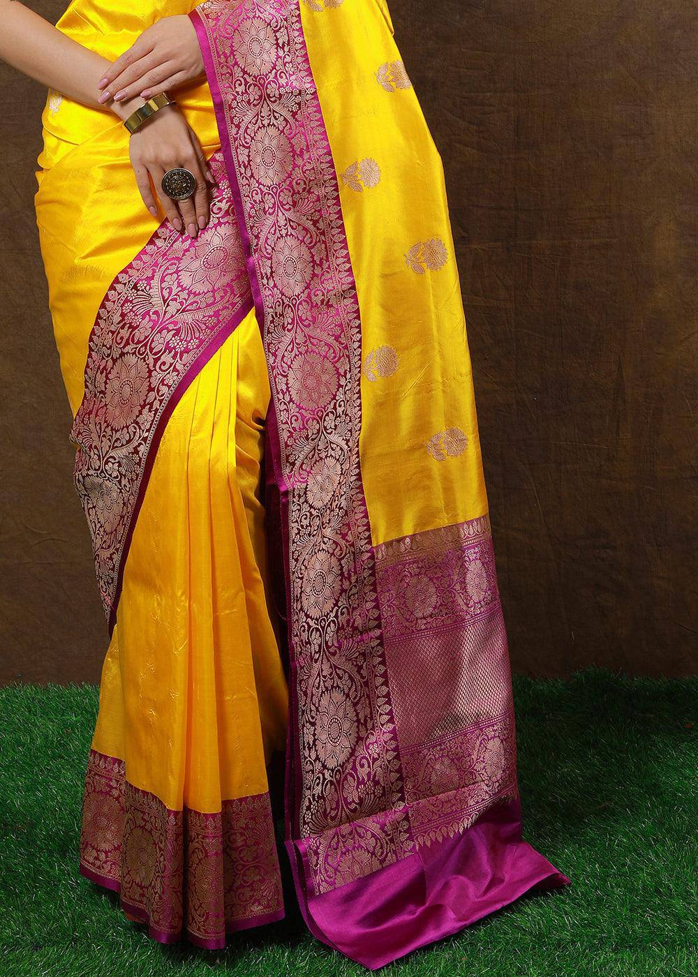 Aureolin Yellow Hand Woven Pure Katan Silk Saree | Stitched Blouse - qivii