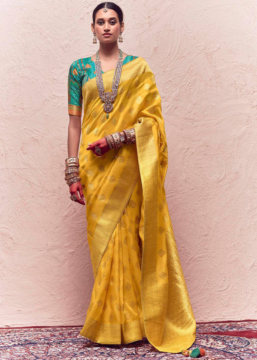 Aureolin Yellow Zari Woven Dola Silk Saree With Zari Woven Blouse | Stitched Blouse - qivii