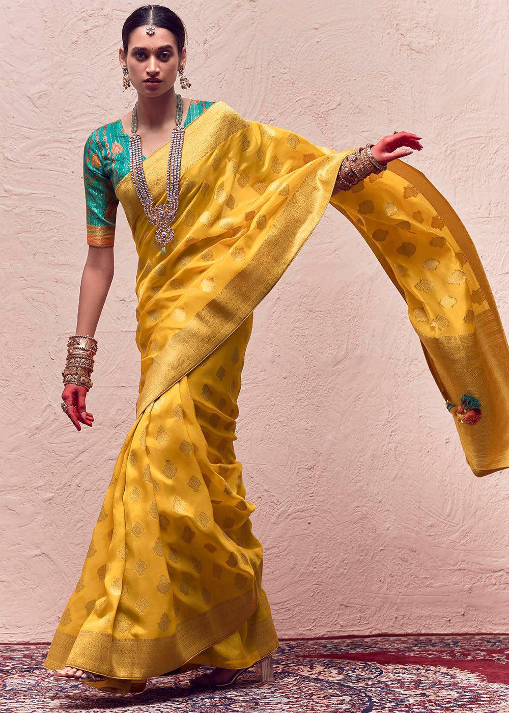 Aureolin Yellow Zari Woven Dola Silk Saree With Zari Woven Blouse | Stitched Blouse - qivii