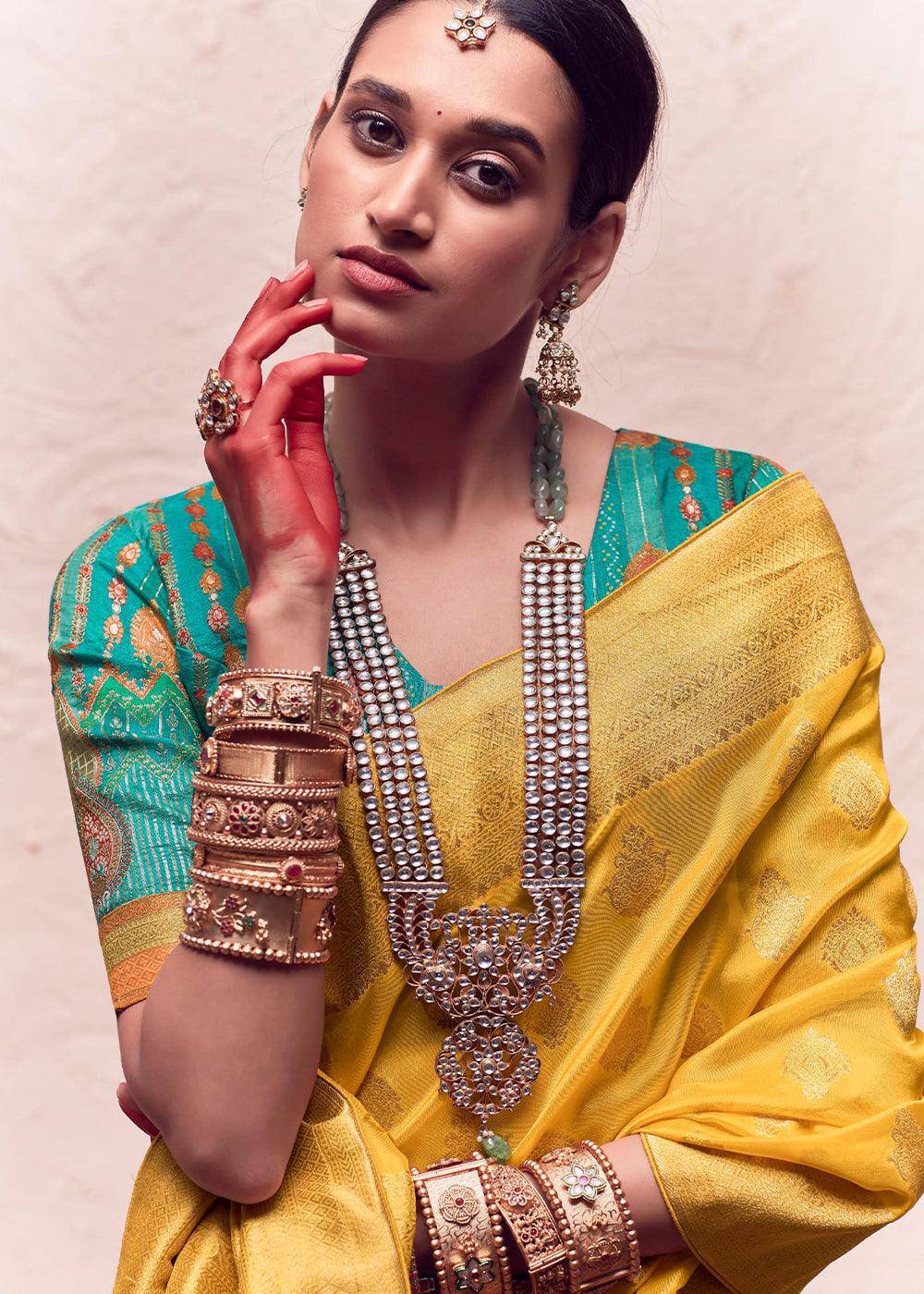 Aureolin Yellow Zari Woven Dola Silk Saree With Zari Woven Blouse | Stitched Blouse - qivii