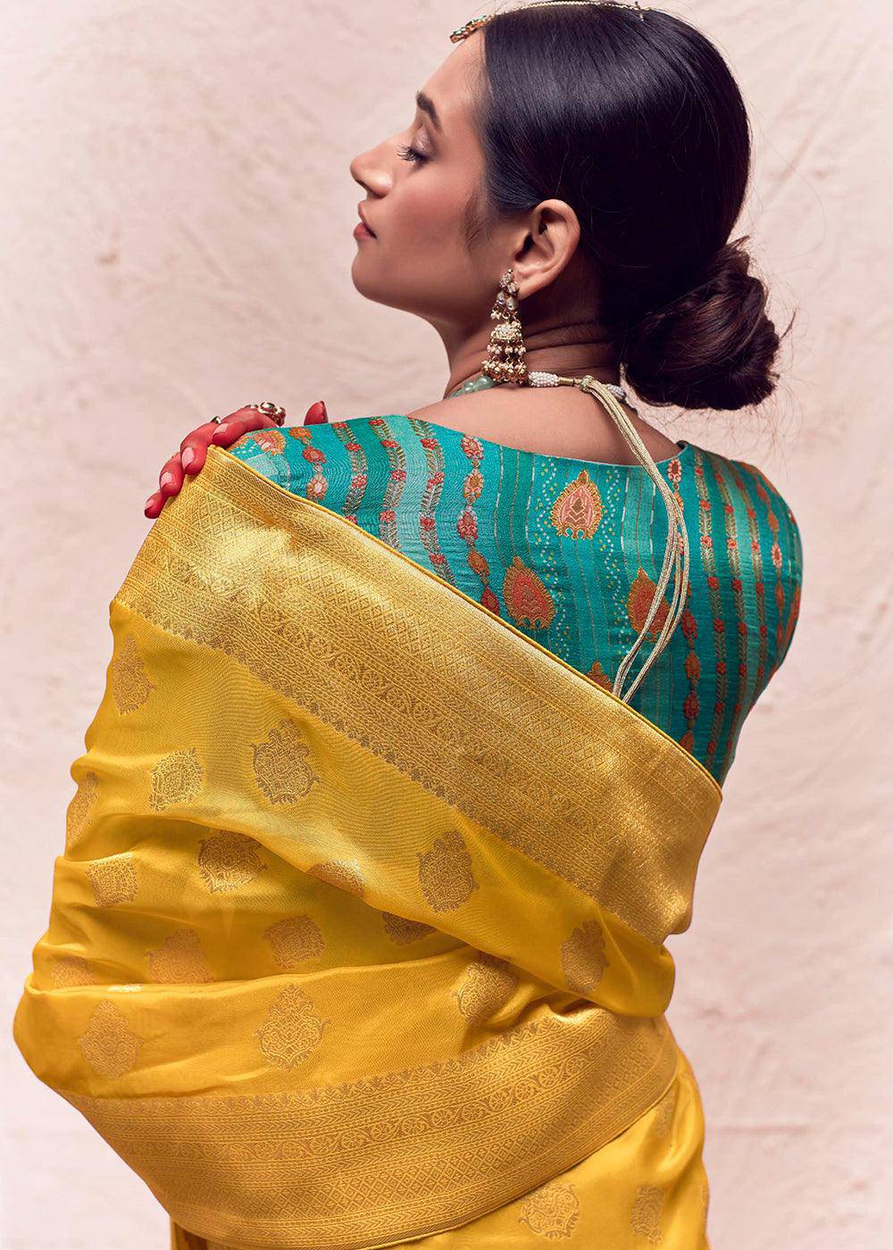 Aureolin Yellow Zari Woven Dola Silk Saree With Zari Woven Blouse | Stitched Blouse - qivii