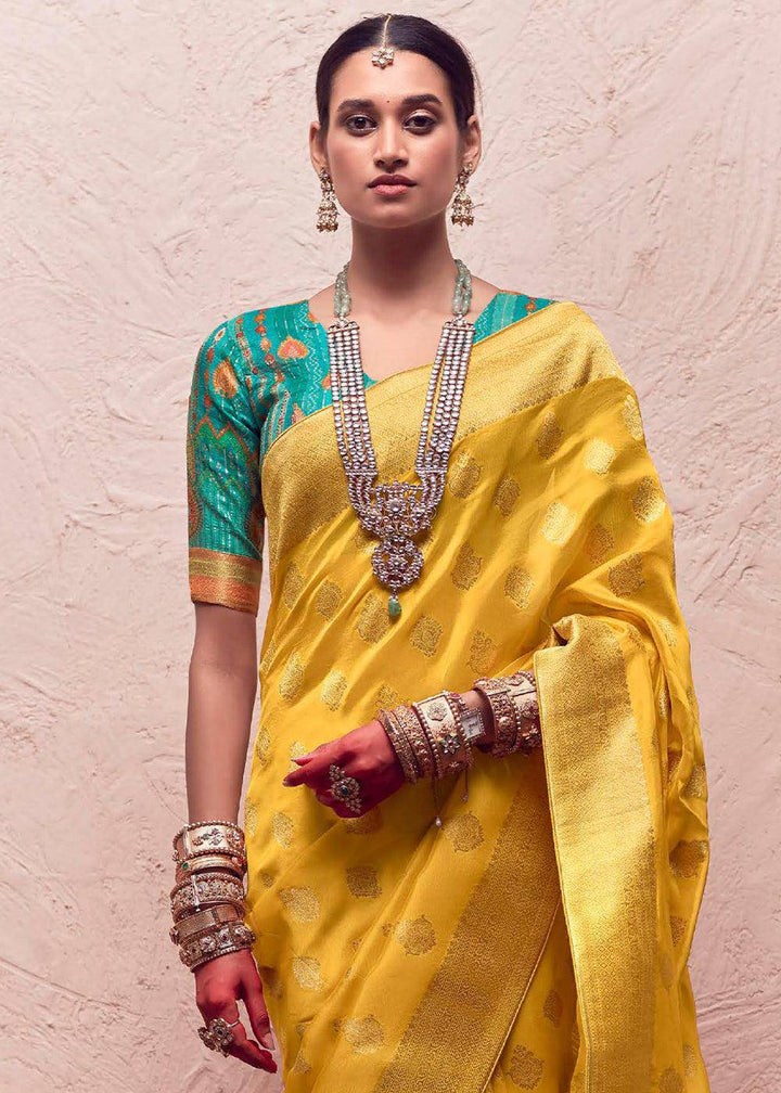 Aureolin Yellow Zari Woven Dola Silk Saree With Zari Woven Blouse | Stitched Blouse - qivii