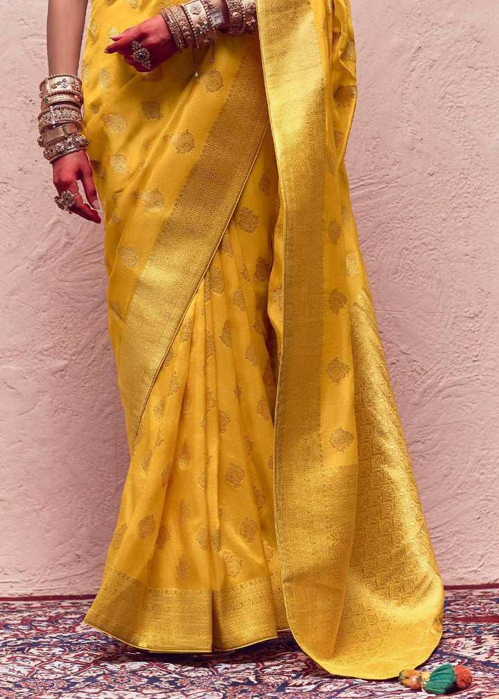 Aureolin Yellow Zari Woven Dola Silk Saree With Zari Woven Blouse | Stitched Blouse - qivii